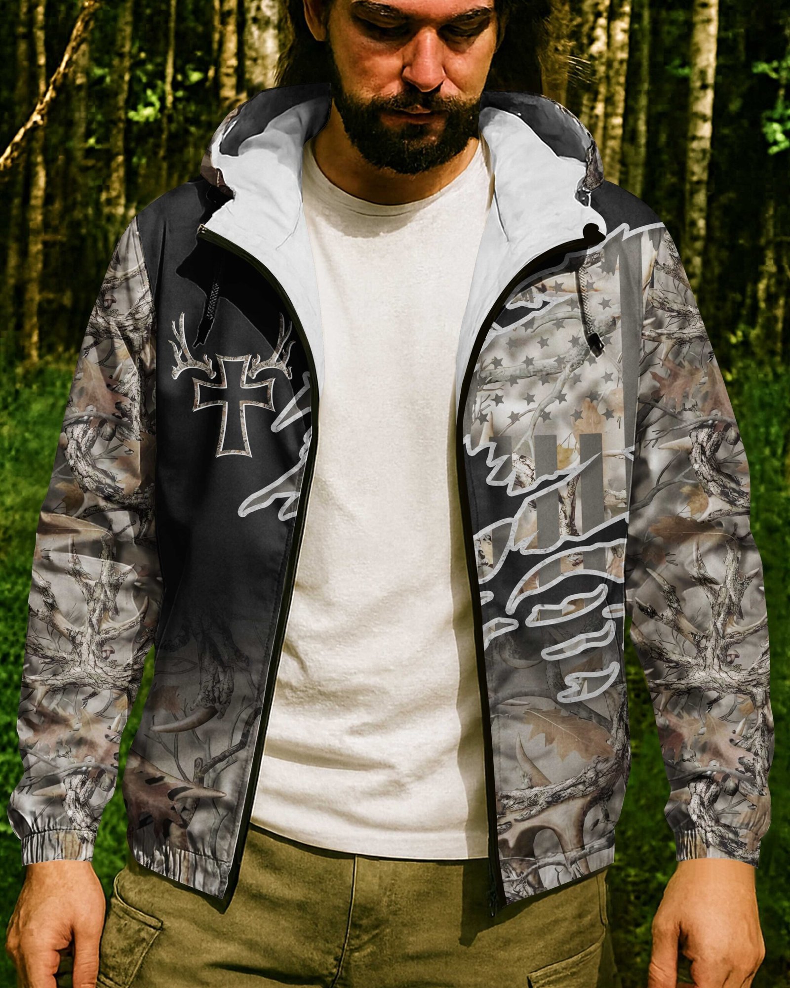 Hunting In My Veins And Jesus In My Heart All Over Print Outdoor Jacket - Image 6