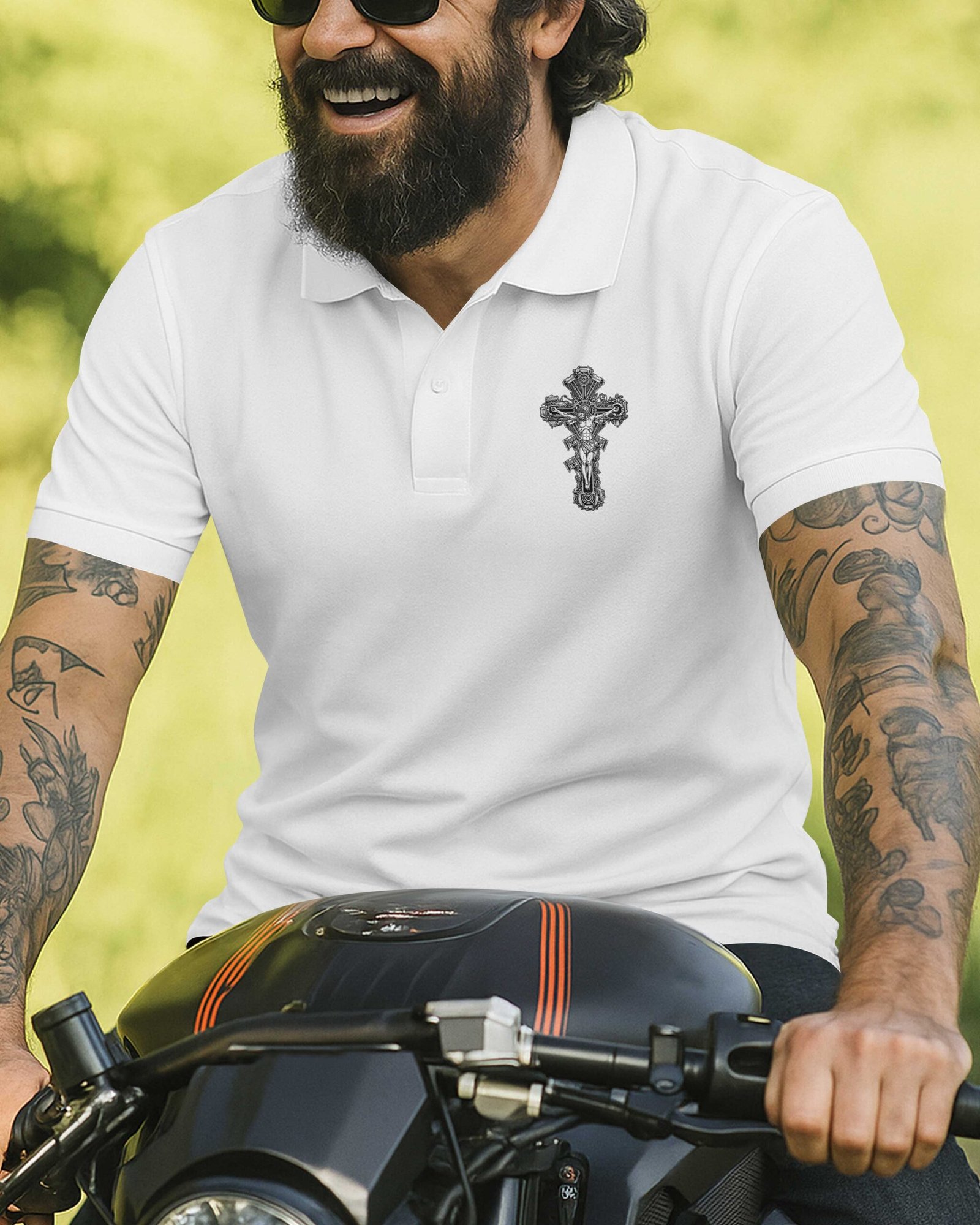 I Am A Simple Man I Like Motorcycles And Believe In Jesus Polo - Image 2