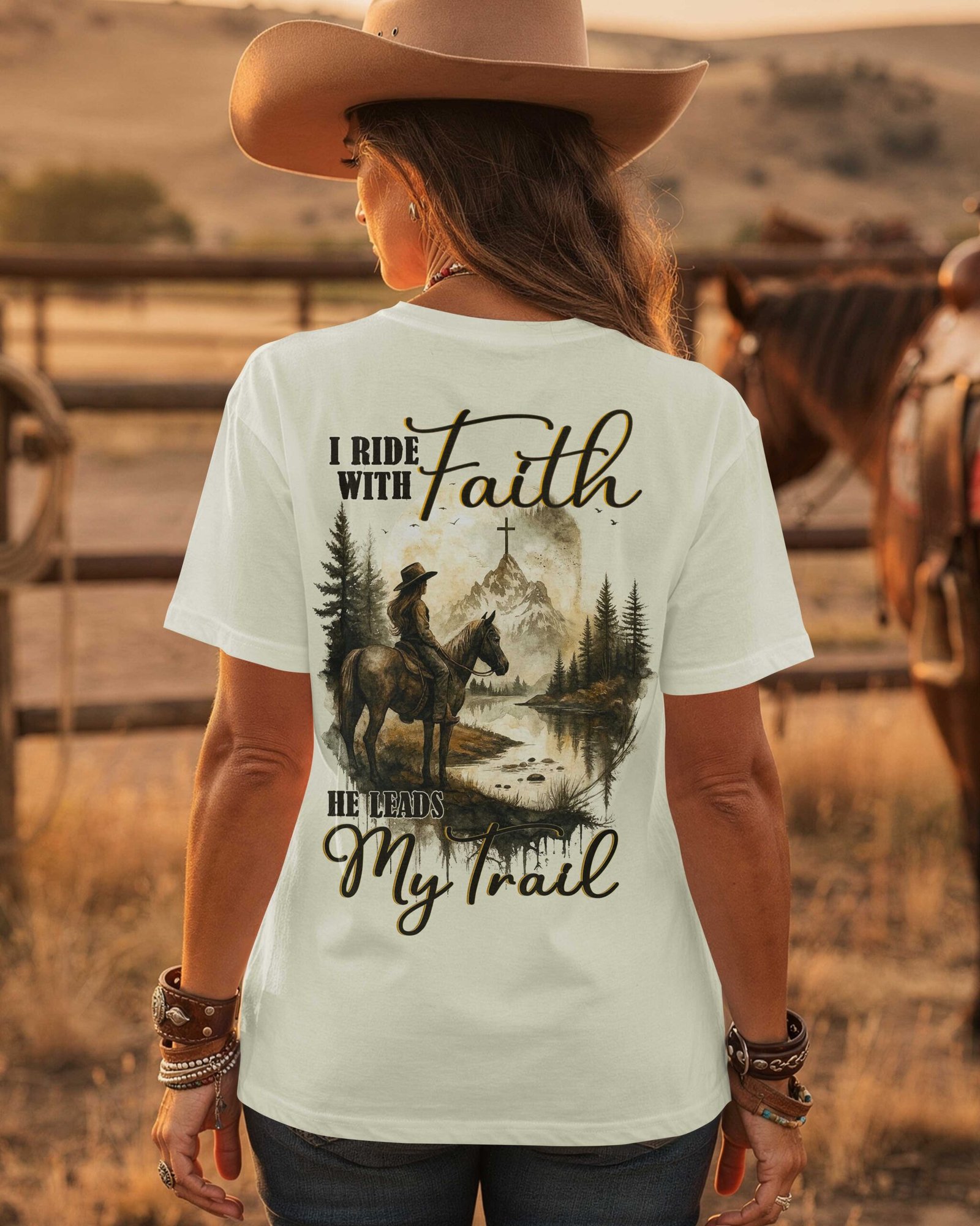 I Ride With Faith He Leads My Trail T-Shirt - Image 3