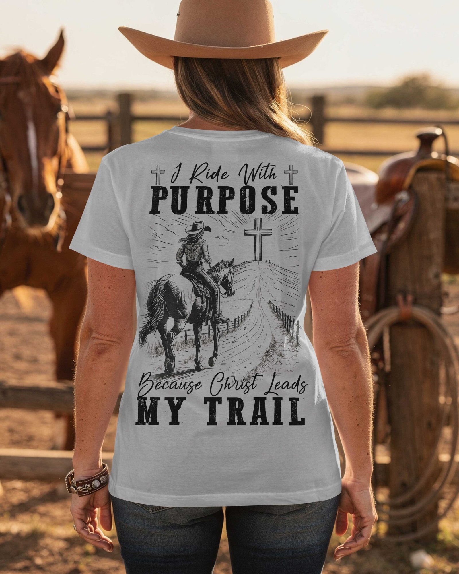 I Ride With Purpose Because Christ Leads My Trail T-Shirt - Image 7