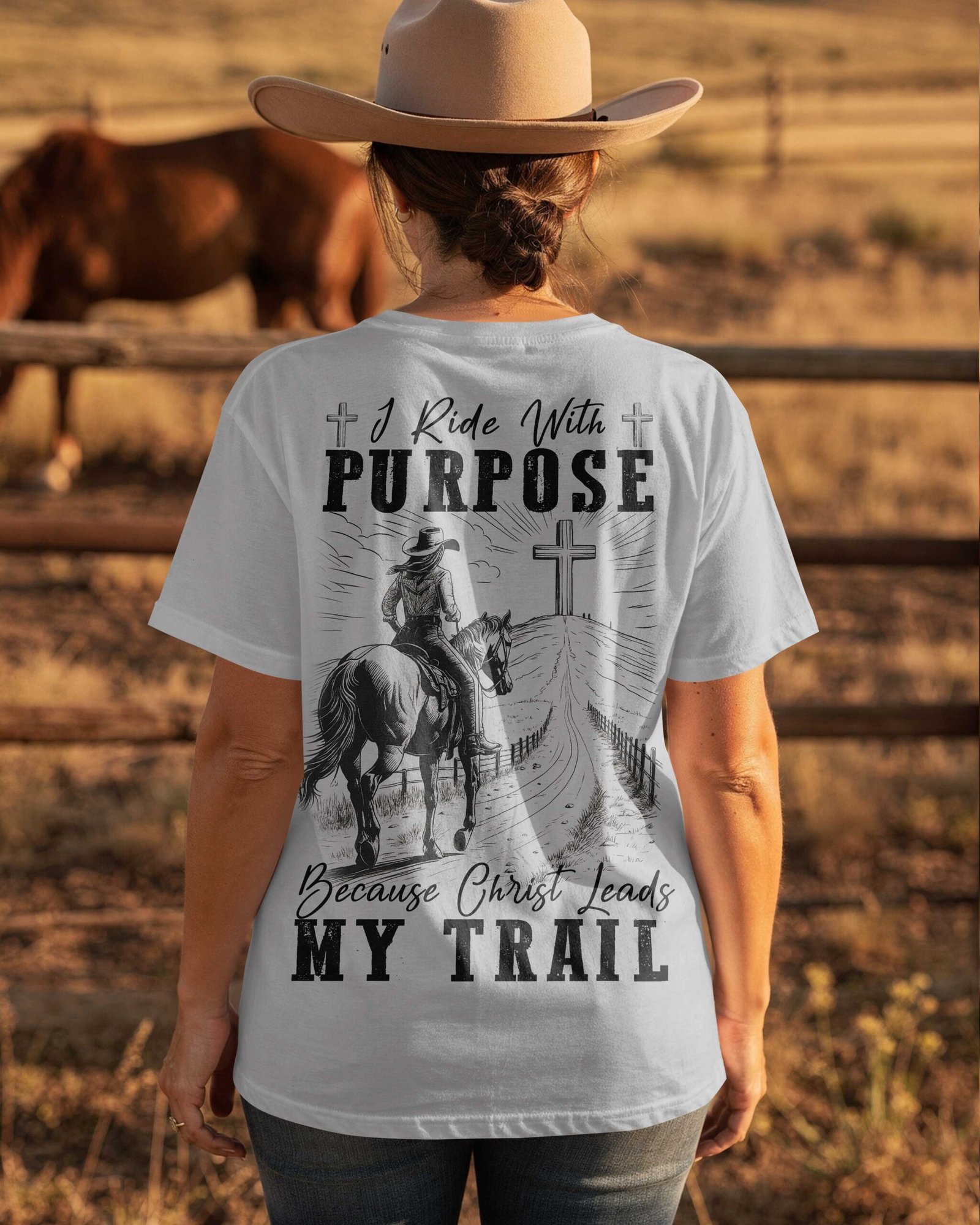 I Ride With Purpose Because Christ Leads My Trail T-Shirt - Image 3