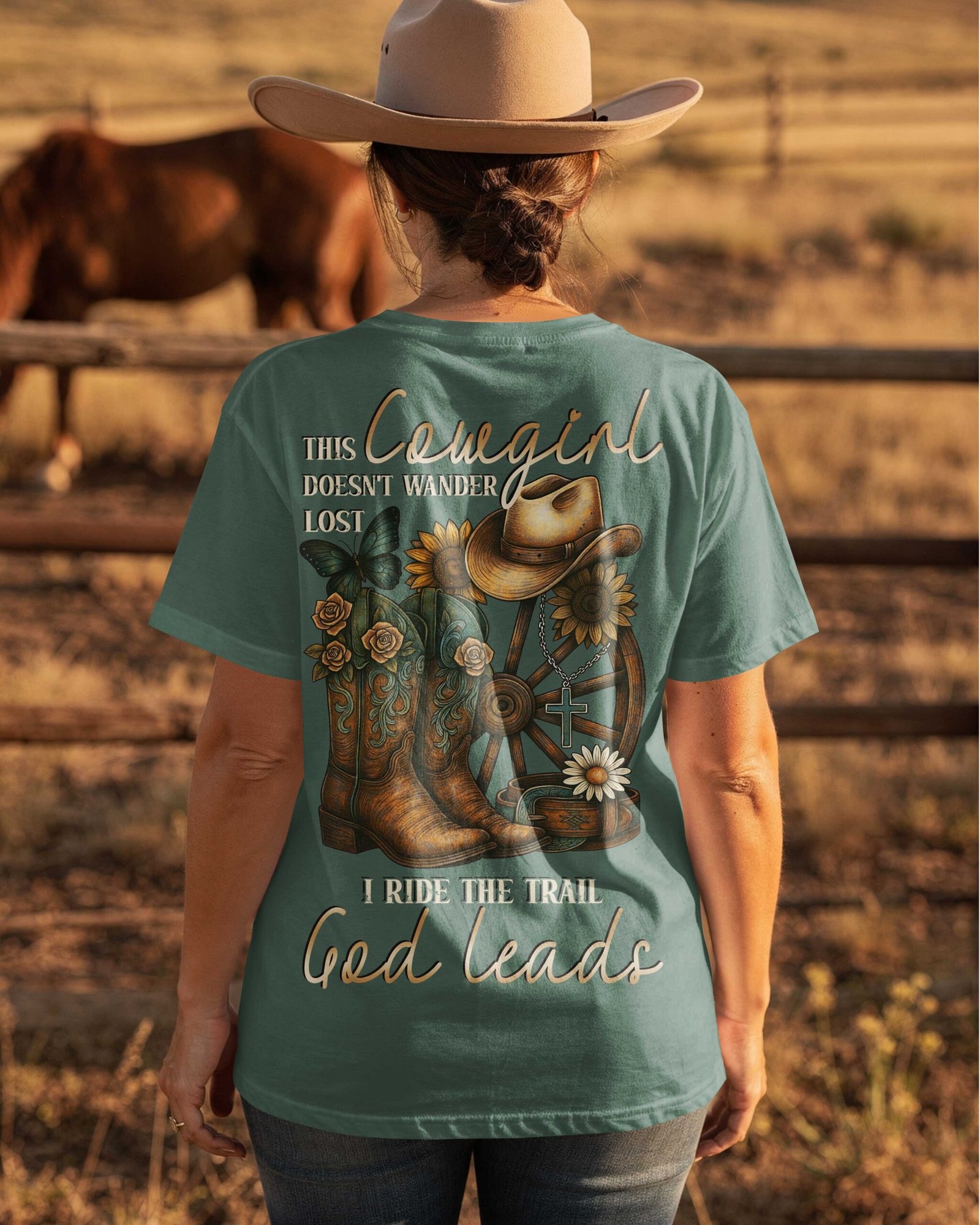This Cowgirl Doesn't Wander Lost I Ride The Trail God Leads T-Shirt - Image 3