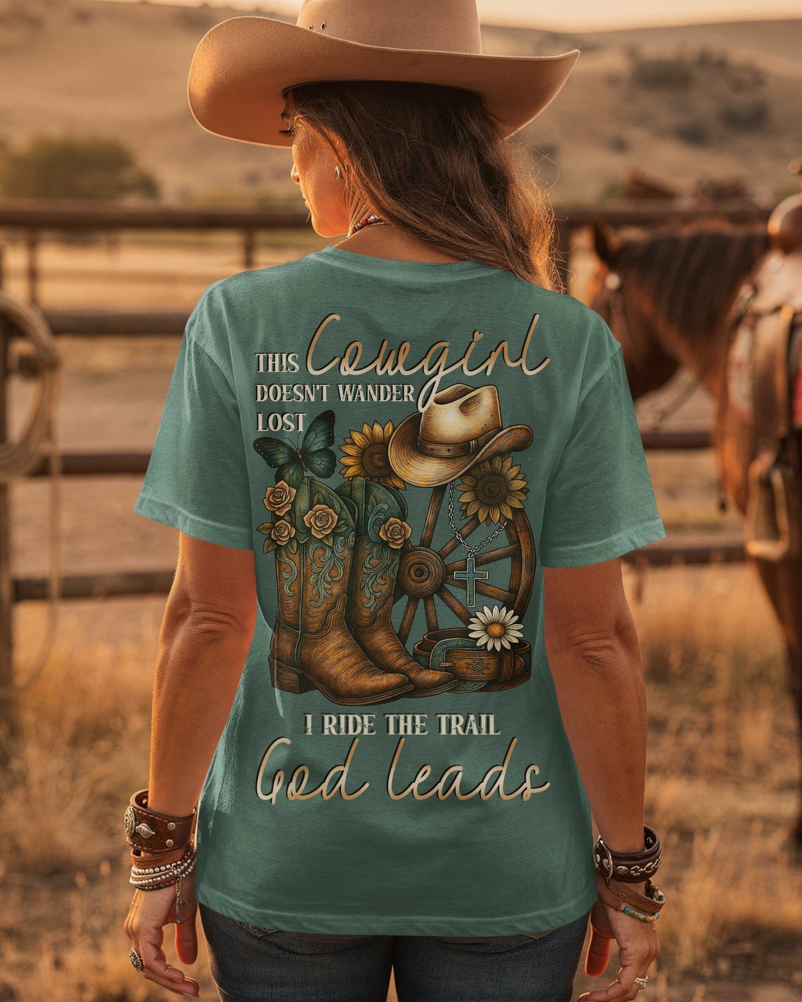 This Cowgirl Doesn't Wander Lost I Ride The Trail God Leads T-Shirt - Image 4
