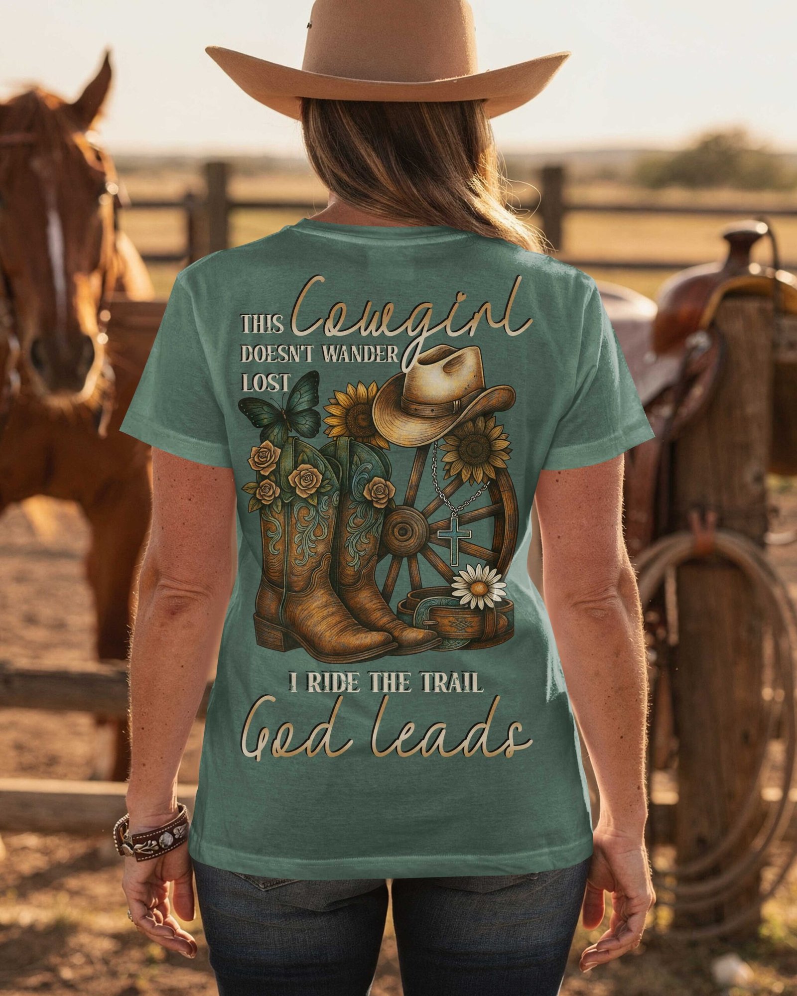 This Cowgirl Doesn't Wander Lost I Ride The Trail God Leads T-Shirt - Image 7